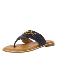 Mörkblå flip-flop sandal med en gyllene metallring som accent, med en vadderad läderfotbädd och en brun texturerad sula.