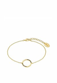 Bracciale in oro con pendente circolare adornato da pietre nere. Include una chiusura a moschettone e una catena regolabile per la misura.