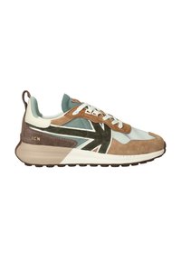 Sneaker marrone e azzurro chiaro con parte superiore in suede e rete, caratterizzato da chiusura con lacci, linguetta imbottita e dettaglio del logo sul tallone. Suola spessa.