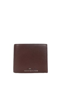 Portafoglio in pelle marrone con texture a pietra, design bi-fold, caratterizzato da un logo a impressione sul fronte e dettagli di colore a contrasto.