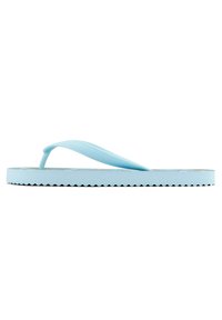 Light blue flip-flop with a textured strap, flat sole, and serrated edges. Made of rubber, featuring a simple design with no additional patterns.