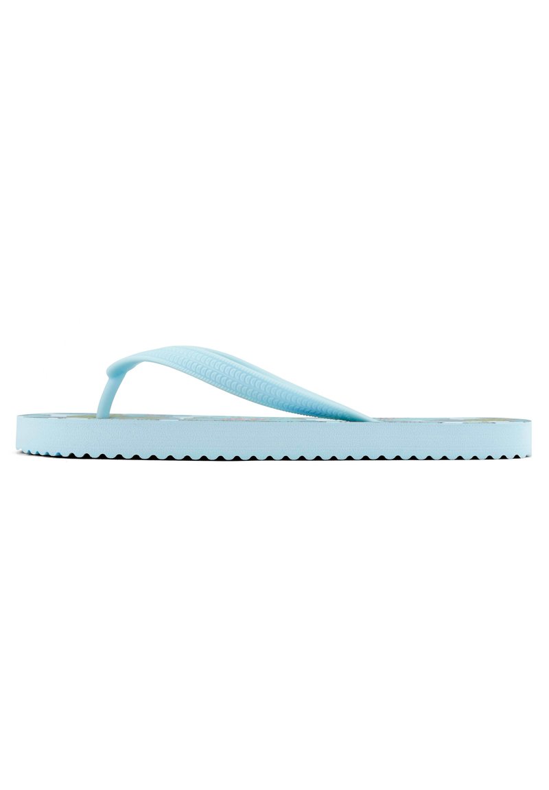 Light blue flip-flop with a textured strap, flat sole, and serrated edges. Made of rubber, featuring a simple design with no additional patterns.