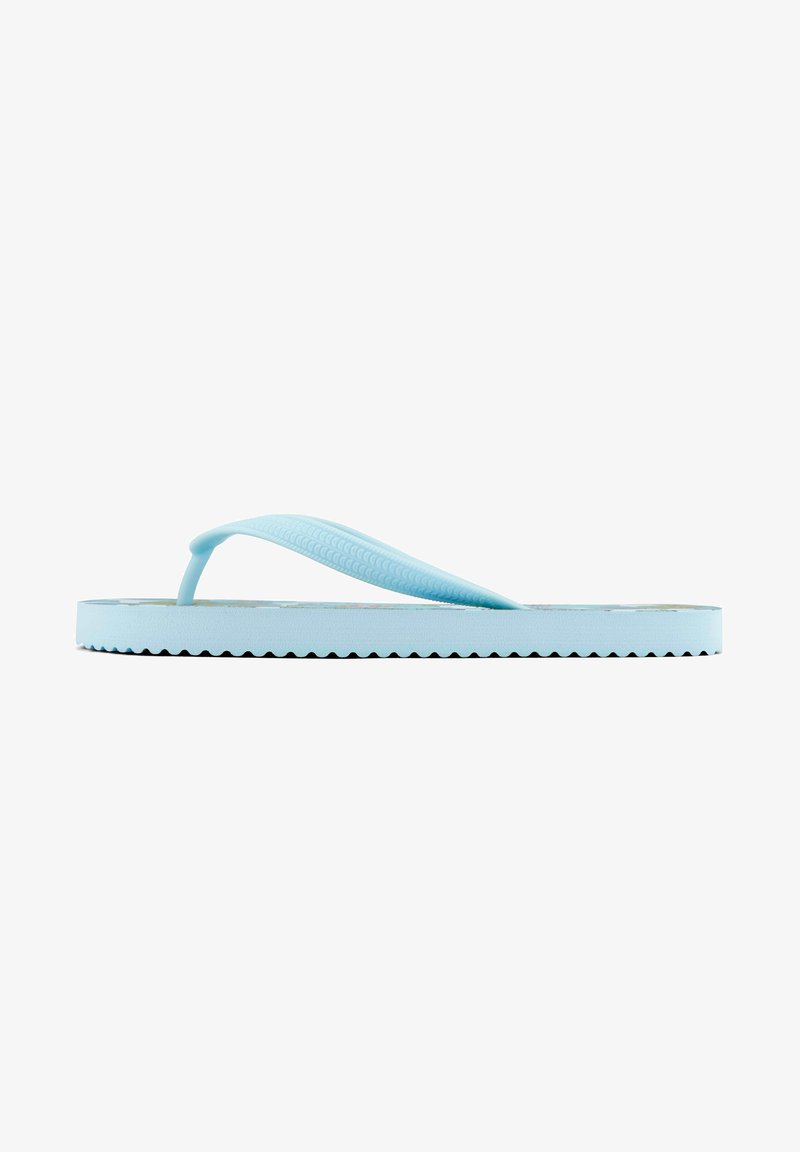Light blue flip-flop with a textured strap, flat sole, and serrated edges. Made of rubber, featuring a simple design with no additional patterns.