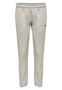Lichtgrijze sweatpants van een gestructureerde stof, met een elastische tailleband en een klein blauw logo aan de zijkant. Tapered leg ontwerp voor een strakke pasvorm.