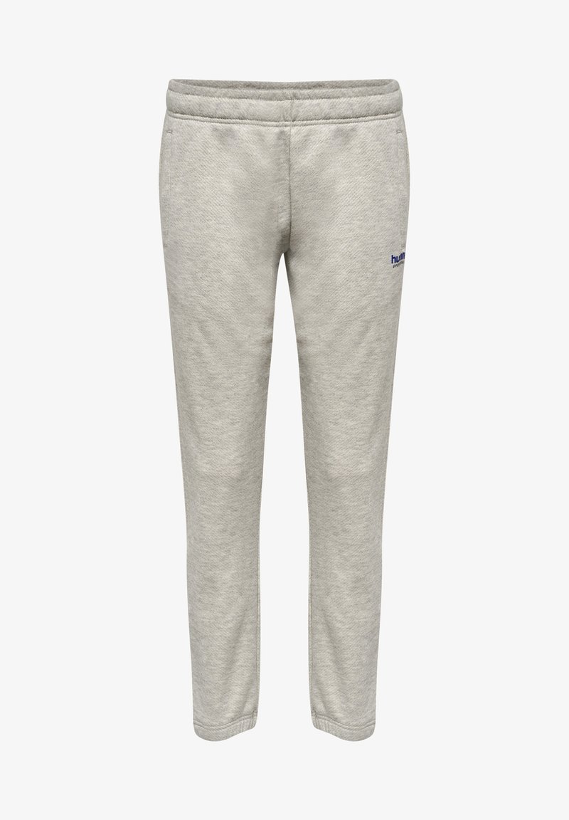Hellgraue Sweatpants aus strukturiertem Stoff, mit elastischem Bund und kleinem blauen Logo an der Seite. Schmal zulaufendes Bein für eine schicke Passform.