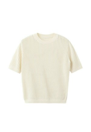 Short-sleeve cream knit sweater with open weave pattern and ribbed cuffs, collar, and hem, displayed on white background.