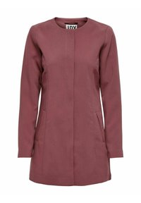 Långärmad kappa i dammig rosafärg, med mandarinkrage, framåtsömmar och två sidofickor för bekvämlighet.