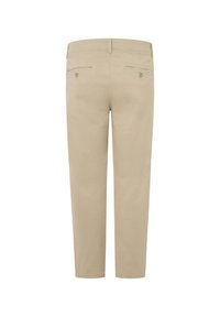 Pantaloni beige in cotone a taglio dritto, con doppie tasche posteriori e una piccola etichetta con logo sulla vita. Texture liscia, vita media.