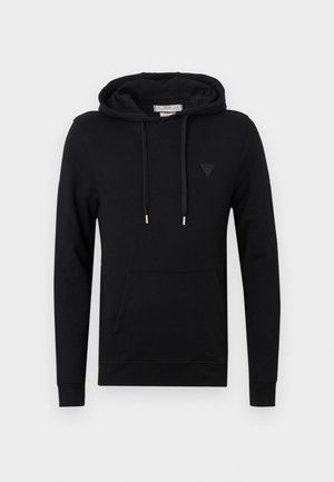 Czarna bluza z kapturem wykonana z miękkiej bawełnianej mieszanki, wyposażona w kieszeń kangurkę, ściągacze oraz małe logo marki na piersi.