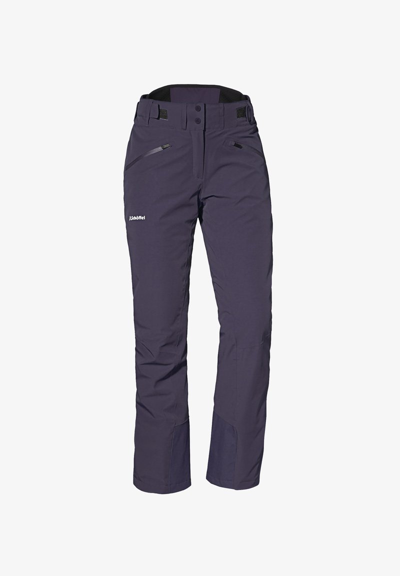 Fialové voděodolné kalhoty s hladkým povrchem, nastavitelným pasem, dvěma předními zipovými kapsami a vyztuženými spodními nohama pro zvýšení odolnosti.
