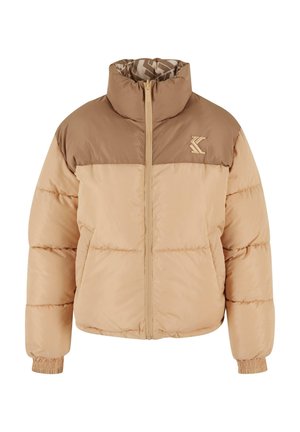 Beeži puffer-jakk kõrge kraega, tumedama pruuniga ülaosa, esiseäpp, elastsed mansetid ja mustriga vooder.