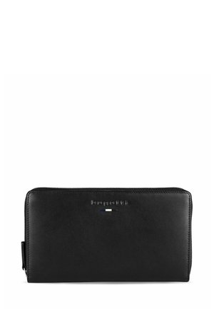 Portefeuille en cuir noir avec fermeture éclair, arborant un logo de marque en relief, des accents bleu et argent, et une forme rectangulaire fine.