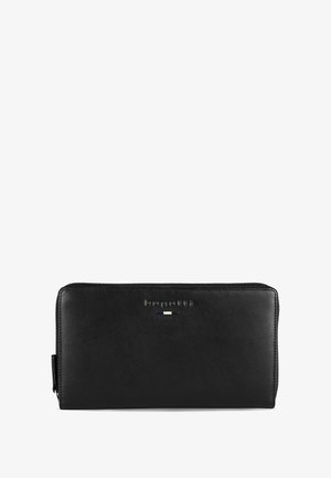 Portefeuille en cuir noir avec fermeture éclair, arborant un logo de marque en relief, des accents bleu et argent, et une forme rectangulaire fine.