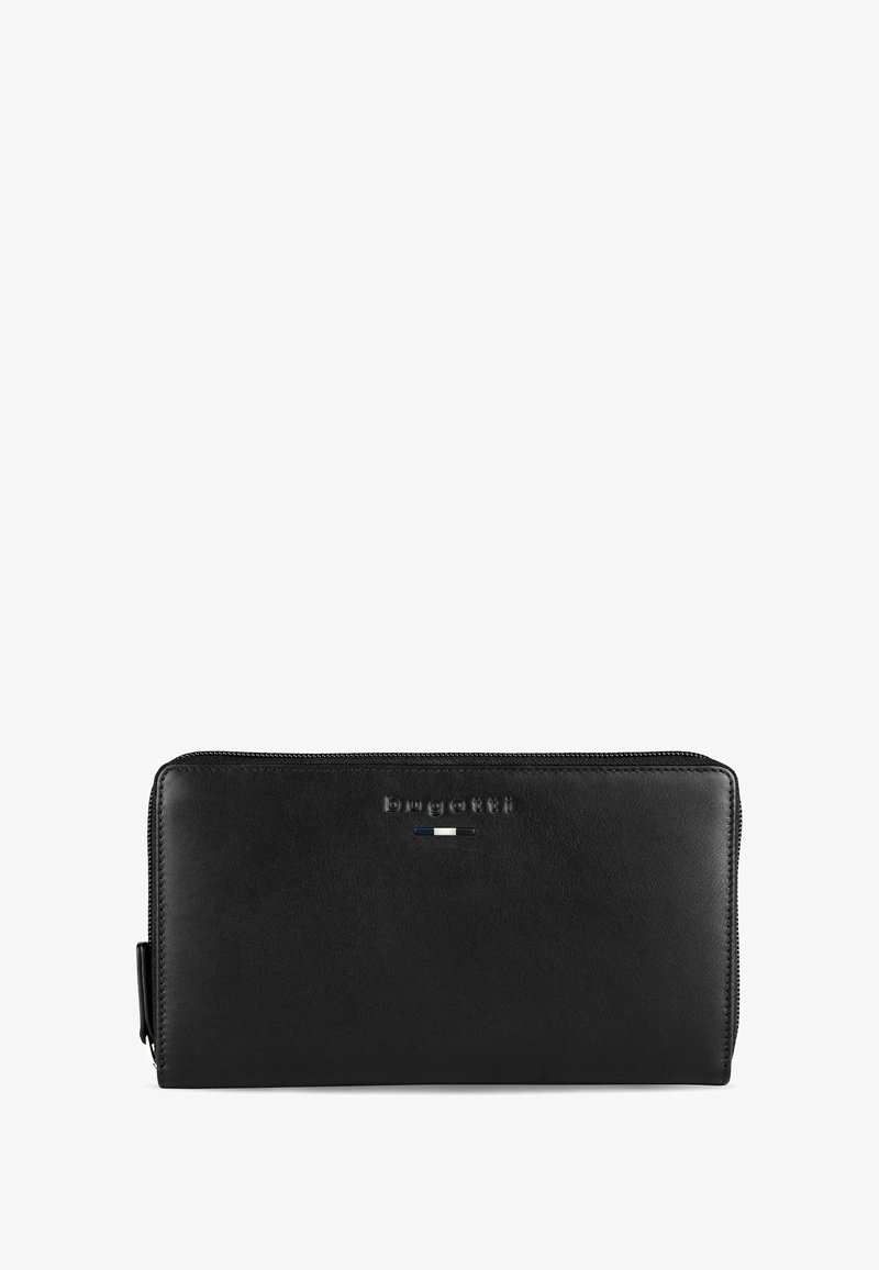 Zwarte leren portemonnee met ritssluiting, met geperste merklogo, blauwe en zilveren accenten, en een slanke rechthoekige vorm.