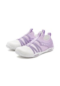 Purple and white athletic shoes with a breathable knit upper, elastic straps, and a textured sole for traction. Lightweight design with pull tabs.