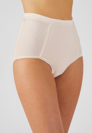 High-waisted beige underwear made of soft fabric, featuring lace trim and vertical seams, with a smooth texture and no visible patterns.