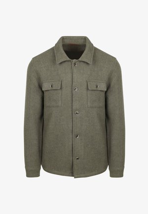 Olive green wool jacket with a collared neck, button closure, and two chest pockets. Features textured fabric and contrasting button accents.