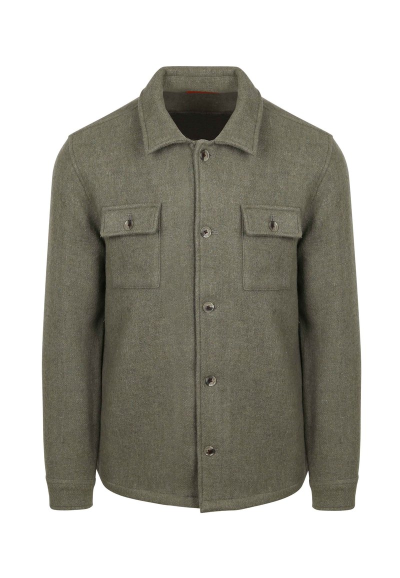 Olijfgroene wollen jas met een kraag, knoopsluiting en twee borstzakken. Heeft een gestructureerde stof en contrasterende knoopaccenten.