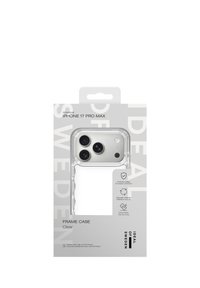 Przezroczysta obudowa z plastikową ramką do iPhone 17 Pro Max, z teksturowaną obwódką, opakowaniem z szaro-białymi elementami oraz ikonami oznaczającymi możliwość recyklingu.