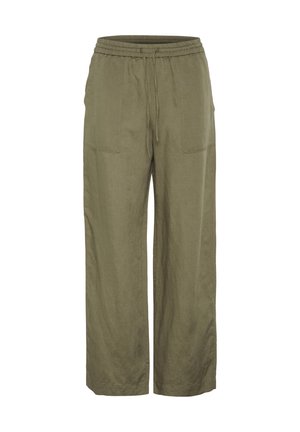 Olivenfarbene Leinen-Hose mit weitem Bein, elastischem Bund, Kordelzug und zwei Fronttaschen. Weiche Textur, lässige Passform.