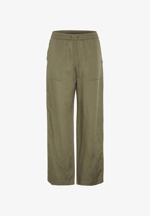 Olkanvihreät pellavahousut, joissa on leveä lahje, joustava vyötärö, nyöri ja kaksi etutaskua. Pehmeä kangas, rento malli.