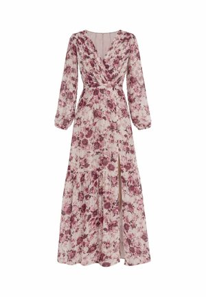 Abito maxi con stampa floreale, maniche lunghe a sbuffo, fiori rosa e bordeaux, scollo a V, vita cintrata e spacco frontale in tessuto leggero e trasparente.