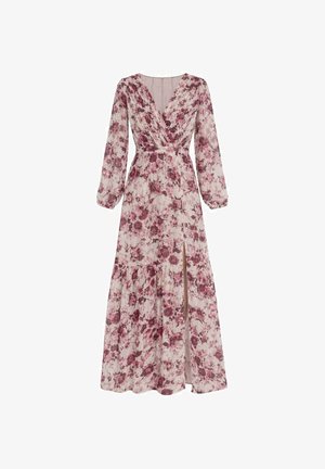 Abito maxi con stampa floreale, maniche lunghe a sbuffo, fiori rosa e bordeaux, scollo a V, vita cintrata e spacco frontale in tessuto leggero e trasparente.