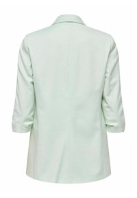 Vue arrière d'un blazer vert menthe clair avec des manches trois-quarts et un col cintré.