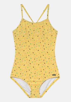 Yellow one-piece swimsuit with thin crossover straps, adorned with a colorful sprinkle pattern in pink, black, green, and blue accents.