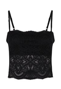 Camisola nera in pizzo con spalline regolabili, caratterizzata da motivi floreali e bordi a scallop, realizzata in un tessuto morbido e trasparente.