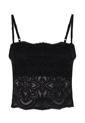 Black lace camisole with adjustable spaghetti straps, featuring floral patterns and scalloped edges, made from a soft, sheer fabric.