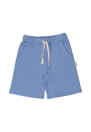 Light blue elastic waist shorts with white drawstring and side pockets, made of soft fabric, displayed on a white background.