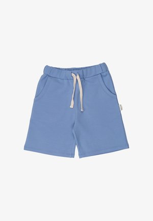 Light blue elastic waist shorts with white drawstring and side pockets, made of soft fabric, displayed on a white background.