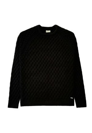 Fekete kötött pulóver texturált mintával, bordás környakú, hosszú ujjal és laza fazonnal. Tiszta dizájn minimális díszítéssel.