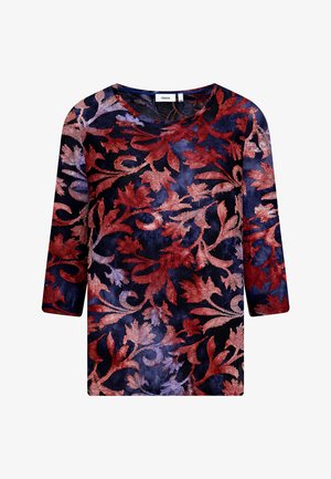Blumiges Langarmoberteil in Marineblau mit einem mehrfarbigen Blattmuster. Weicher Textur mit gestickten Details in Rot, Lila und Creme. Runder Ausschnitt.