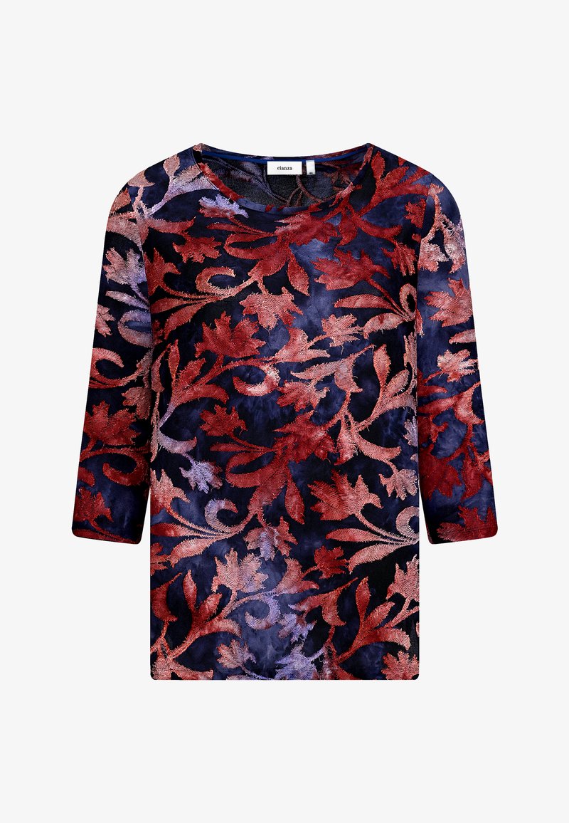 Blumiges Langarmoberteil in Marineblau mit einem mehrfarbigen Blattmuster. Weicher Textur mit gestickten Details in Rot, Lila und Creme. Runder Ausschnitt.