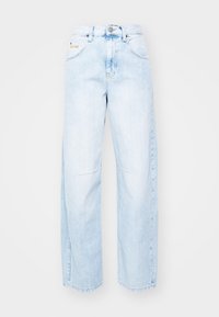 Ljusblå denimjeans med vida ben, hög midja, framfickor och en subtil broderad logotyp ovanför den högra fickan.