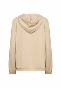 Felpa con cappuccio beige, tessuto morbido, vestibilità comoda, maniche lunghe con polsini elasticizzati e tasca a marsupio frontale.
