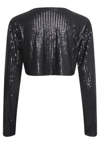 Černý flitrový crop top s dlouhými rukávy, který má kulatý výstřih a hladkou texturu, pokrytý lesklými, odrazivými flitry.