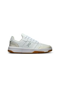 White athletic shoes with a sleek design, leather and synthetic materials, textured panels, minimal branding, and a gum rubber outsole.