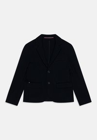 Blazer navy in tessuto strutturato, caratterizzato da un design su misura, due tasche frontali, chiusura a un bottone e colletto cucito.