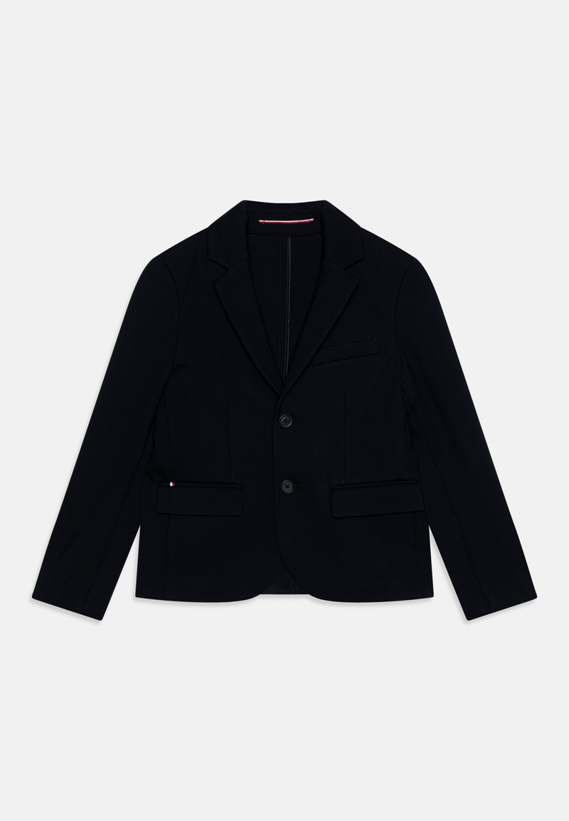Blazer navy in tessuto strutturato, caratterizzato da un design su misura, due tasche frontali, chiusura a un bottone e colletto cucito.