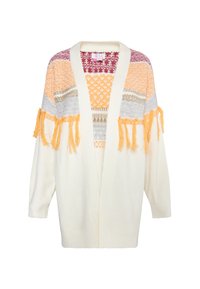 Krämfärgad stickad kofta med öppen front, med färgglada texturerade mönster och orange fransdetaljer på ärmarna.
