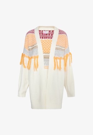 Cardigan tricotat de culoare crem, cu deschidere frontală, având modele texturate colorate și accente din franjuri portocalii pe mâneci.