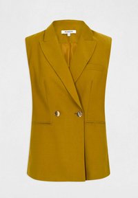 Blazer sin mangas mostaza con cierre de botones dorados dobles, solapas afiladas y un solo bolsillo en el pecho. Textura de tela suave.