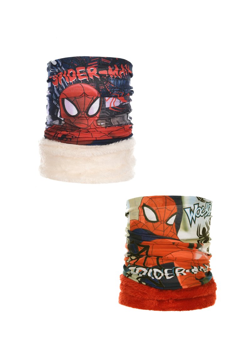 Twee multifunctionele nekwarmers met Spider-Man ontwerpen. De bovenste is marineblauw met witte pluche voering; de onderste heeft een oranje pluche basis en grafische patronen.