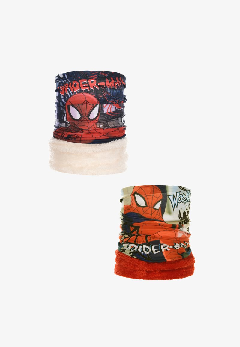 Twee multifunctionele nekwarmers met Spider-Man ontwerpen. De bovenste is marineblauw met witte pluche voering; de onderste heeft een oranje pluche basis en grafische patronen.