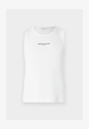 Hvid ærmeløs ribstrikket top med "MAISON KITSUNÉ PARIS" trykt i sort centreret på brystet.