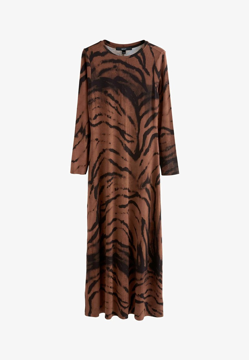 Bruine langemouwen jurk met een tijgerprint in donkerdere tinten. Gemaakt van zachte stof, heeft het een relaxed fit en een ronde halslijn.