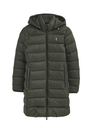 Cappotto invernale imbottito lungo verde scuro con cappuccio, cerniera frontale, due tasche laterali e piccolo logo ricamato sul petto.
